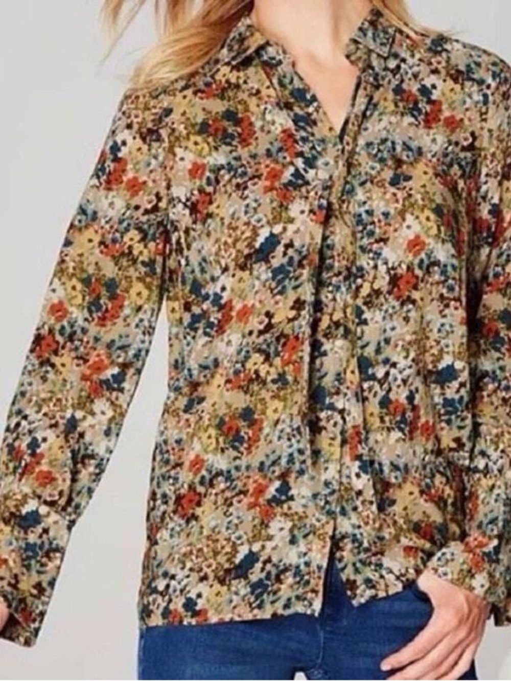 J. Jill Ditsy Floral Boho Flowy Fall Autumn Button-Up Blouse Tan Red Sz L